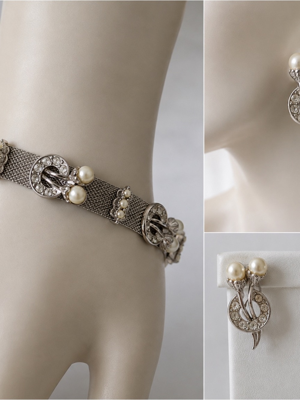 Vintage Faux Pearl Rhinestone Mesh Bracelet Clip Earrings Set Silver Tone 1950s